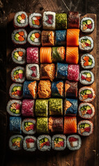 Fototapeta premium Top view of set of sushi food, generative ai