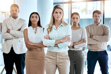 Office, portrait and corporate team with crossed arms for confidence, collaboration and leadership. Diversity, staff and serious business people in collaboration standing together in the workplace.