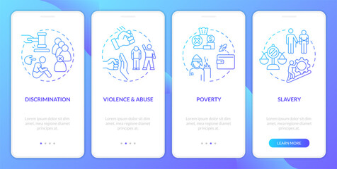Justice issues blue gradient onboarding mobile app screen. Society problems walkthrough 4 steps graphic instructions with linear concepts. UI, UX, GUI template. Myriad Pro-Bold, Regular fonts used