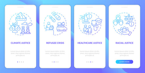 Fototapeta na wymiar Social justice examples blue gradient onboarding mobile app screen. Walkthrough 4 steps graphic instructions with linear concepts. UI, UX, GUI template. Myriad Pro-Bold, Regular fonts used