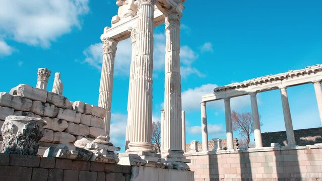Pergamon, Ruins of Ancient Temple of Trajan and Amphi theatre in Acropolis of Bergama, Turkey.