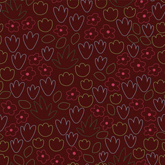 Earth brown Outdoor with flowers vector seamless pattern. Spring in the park. Line art
