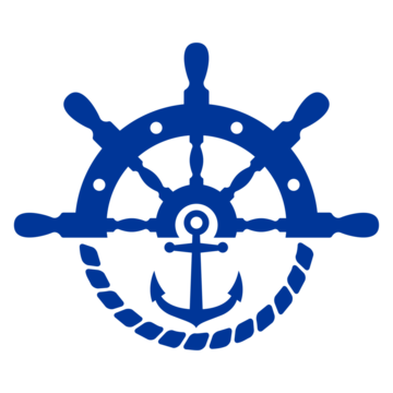 Logo nautical. Silueta de timón y ancla de barco con círculo de