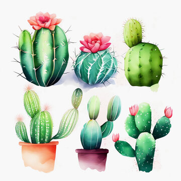 Watercolor cactuses collection on white background. Generative ai.