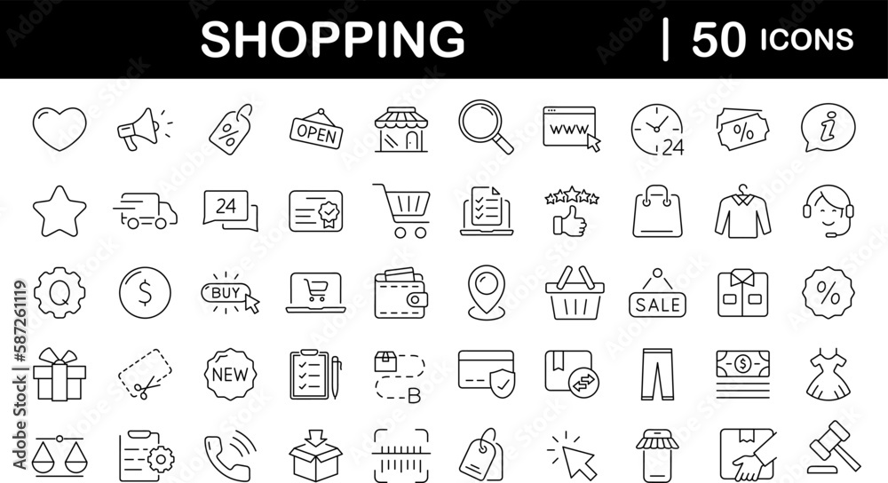 Aufkleber E-commerce and shopping set of web icons in line style. Shop icons for web and mobile app. Black Friday. Sale discount, mobile shop, digital marketing, delivery, bank card, gifts. Vector illustration