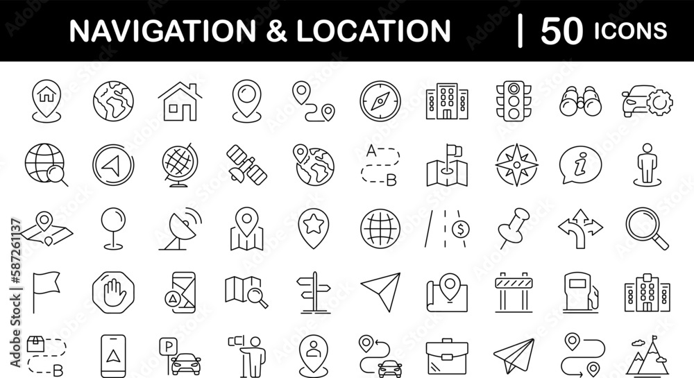 Poster navigation and location set of web icons in line style. map location and navigation icons for web an