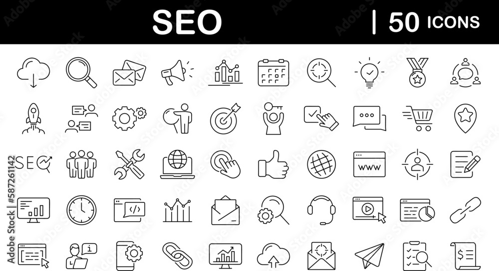 Fototapete SEO Optimisation set of web icons in line style. Search Engine Optimization. Business, traffic, optimization, target. Search Engine and Marketing icons for web and mobile app. Vector illustration