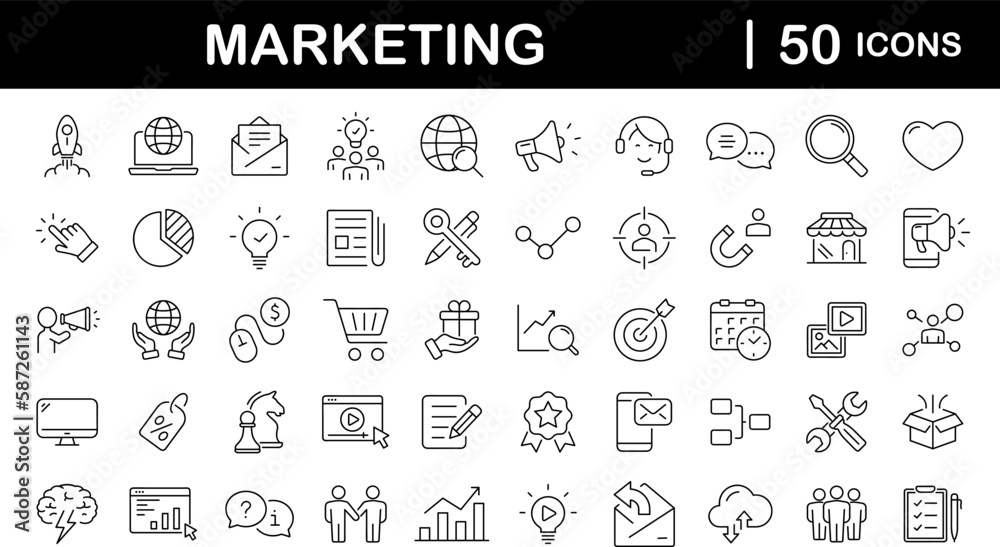 Leinwandbilder Digital Marketing set of web icons in line style. Marketing icons for web and mobile app. Sales, e-commerce, SEO, business, feedback, analytics, ads, communication, content. Vector illustration