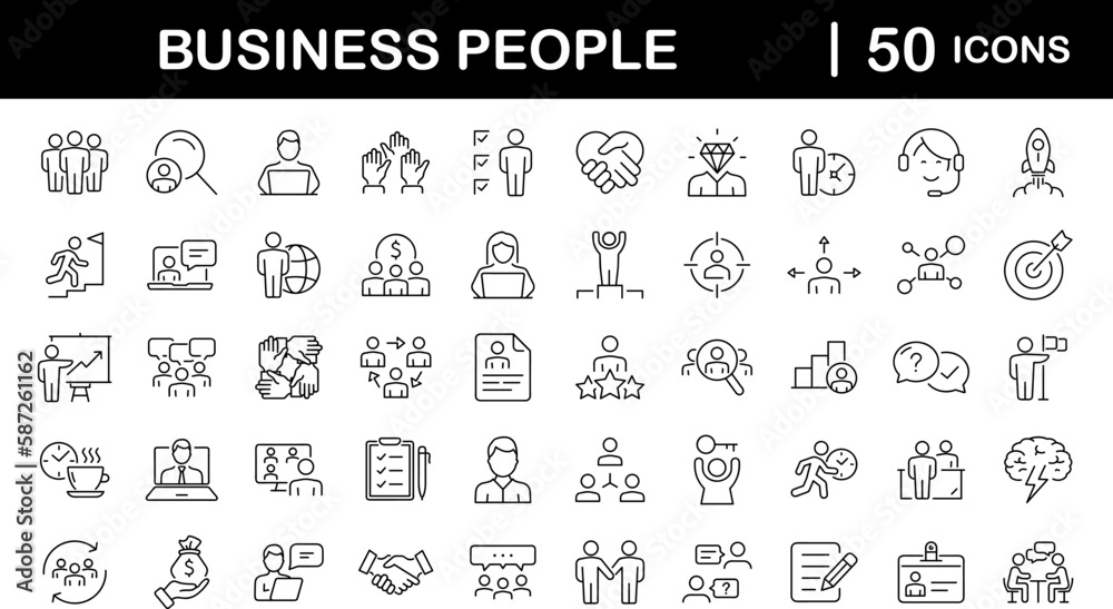 Poster Business People set of web icons in line style. Teamwork in business management icons for web and mobile app. Business meeting, handshake, agreement, human resources, office management, workplace team
