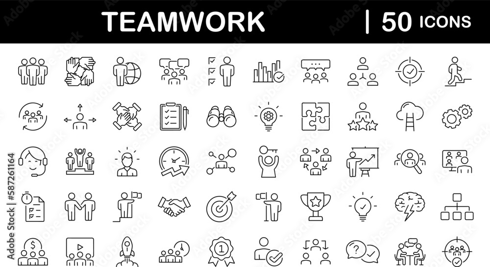 Poster Team work set of web icons in line style. Teamwork and business cooperation icons for web and mobile app. Partnership, synergy, interaction, management, collaboration, meeting, workplace and more.