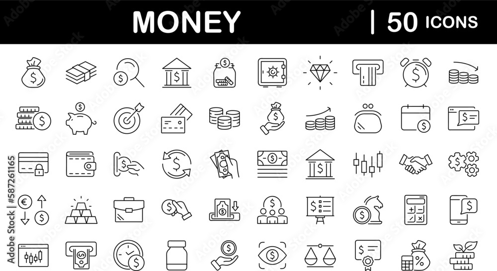 Poster money and finance set of web icons in line style. payment and money icons for web and mobile app. mo