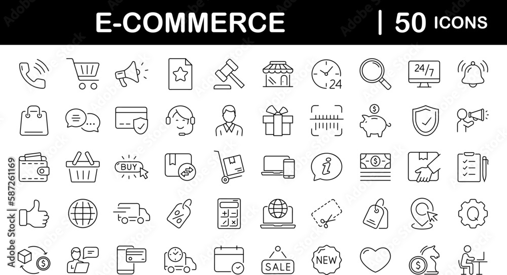 Poster E-Commerce set of web icons in line style. Online shopping icons for web and mobile app. Business, mobile shop, digital marketing, bank card, gifts, sale, delivery. Vector illustration