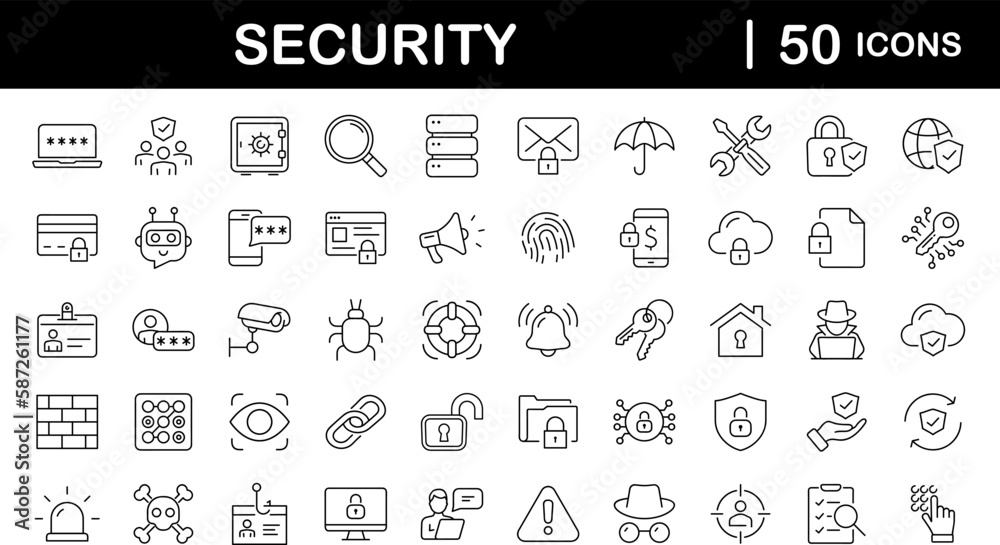 Aufkleber Security set of web icons in line style. Cyber Security and internet protection icons for web and mobile app. Password, security system, finger print, spy, electronic key and more. Vector illustration