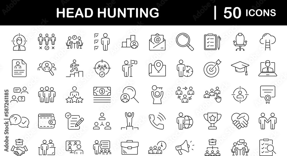 Poster headhunting set of web icons in line style. recruitment icons for web and mobile app. career, resume