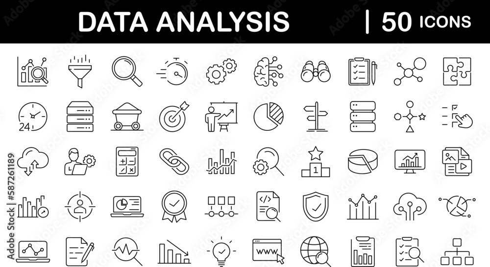 Fototapete Data analysis set of web icons in line style. Data analytics icons for web and mobile app. Graphs, traffic analysis, data processing, research network collection, statistics, analytics, performance.