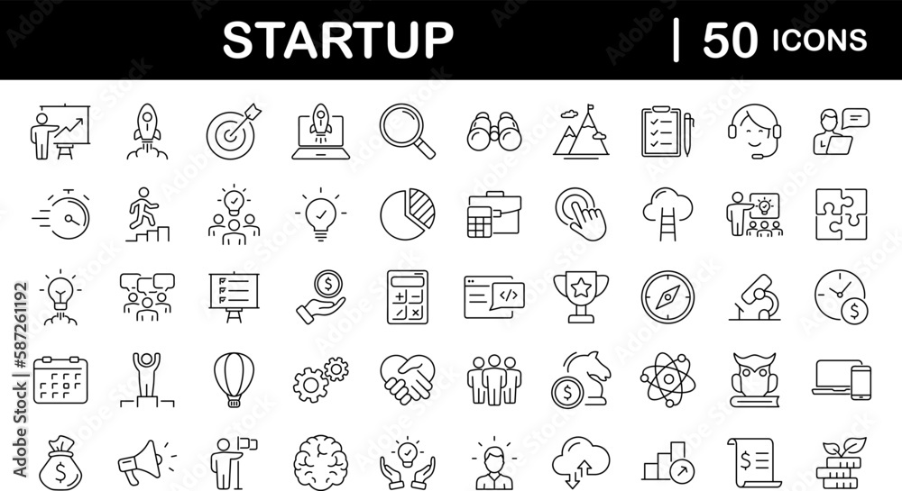 Poster Start up set of web icons in line style. Business startup icons for web and mobile app. Startup project, development, creative idea, target, innovation, marketing, launch business, strategy and more