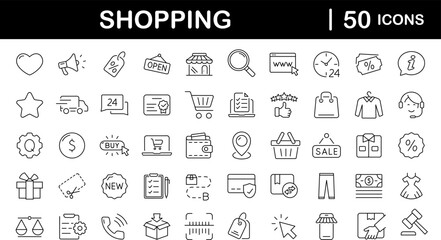Fototapeta na wymiar E-commerce and shopping set of web icons in line style. Shop icons for web and mobile app. Black Friday. Sale discount, mobile shop, digital marketing, delivery, bank card, gifts. Vector illustration