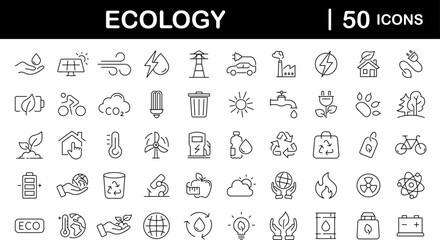 Fototapeta na wymiar Ecology and Environment set of web icons in line style. Ecology and Energy icons. Eco friendly. Electric car, global warming, renewable energy, organic farming. Vector illustration