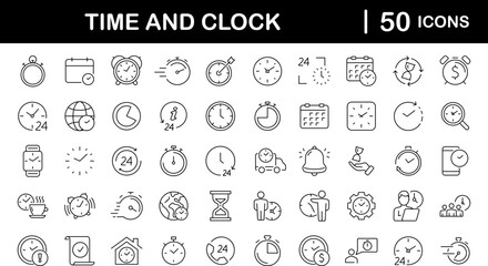 Time and Clock set of web icons in line style. Time management. Timer, Speed, Date, Countdown, Alarm, Recovery, Time, clock, watch, calendar simple icons for web and mobile app. Vector illustration