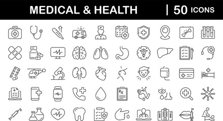 Fototapeta Medicine and health set of web icons in line style. Medical icons for web and mobile app. Medicine and Health Care symbols. Emergency, medical equipment, RX, MRI, doctor, lab, virus, prescription obraz