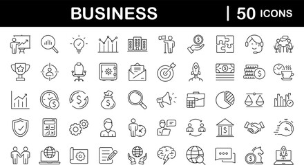 Business and finance set of web icons in line style. Finance and business. Money, business process, bank, team work, office, payment, strategy, management, accounting, infographic. Vector illustration