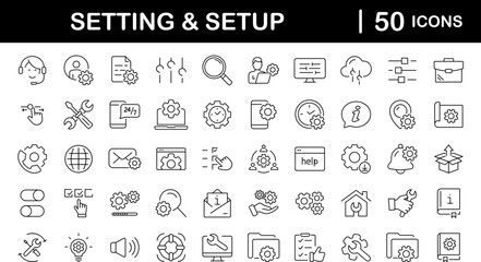 Settings and setup set of web icons in line style. Setup icons for web and mobile app. Settings, installation, maintenance, update, download, configuration, options, control. Vector illustration