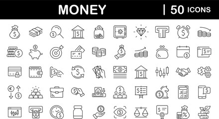 Fototapeta na wymiar Money and finance set of web icons in line style. Payment and money icons for web and mobile app. Money, dollar, cash, pay, banking, business, finance, coin wallet, credit card. Vector illustration
