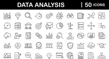 Fototapeta na wymiar Data analysis set of web icons in line style. Data analytics icons for web and mobile app. Graphs, traffic analysis, data processing, research network collection, statistics, analytics, performance.