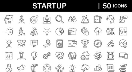 Fototapeta na wymiar Start up set of web icons in line style. Business startup icons for web and mobile app. Startup project, development, creative idea, target, innovation, marketing, launch business, strategy and more