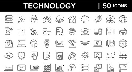 Fototapeta na wymiar Technology set of web icons in line style. Information technology signs for web and mobile app. IT network system, 5g, communication, computer, chip, web design, software, data center, device, ai.