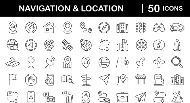Navigation and location set of web icons in line style. Map location and navigation icons for web and mobile app. Map pin, GPS, compass, navigator, marker, map, pointer, traffic, travel, direction