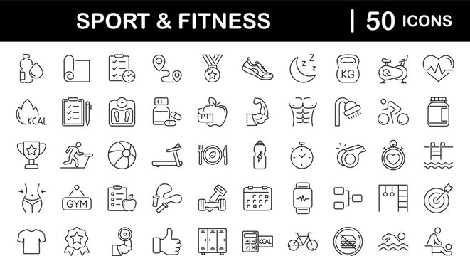 Sport and Fitness set of web icons in line style. Gym and health care. Healthy lifestyle icons. Nutrition and dieting, training, body care, healthy food, workout, muscle, weight and more