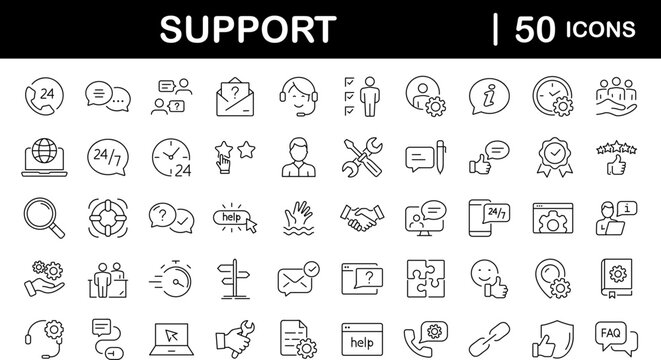 Customer Service and Support set of web icons in line style. Support and Help icons for web and mobile app. Online assistance, email, customer service, contact, help, helpdesk, feedback, 24 hrs