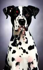 Dalmatian dog portrait, grey background. Generative AI.