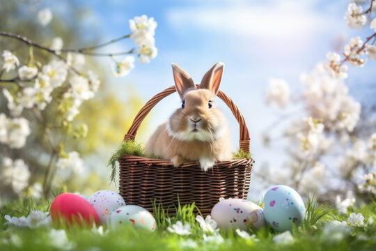 meadow spring cute rabbit grass flower egg egg animal easter easter. Generative AI.