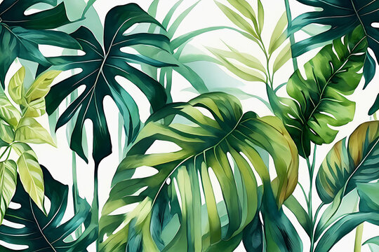 Watercolor tropical leaves background. Generative ai.