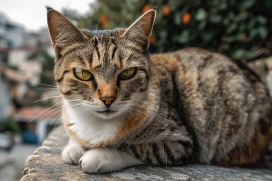 A gorgeous cat sits on a wall and gazes into the camera. Generative AI