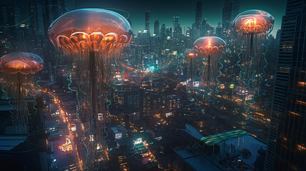 Futuristic cyberpunk cityscape haunted by alien creatures, Generative AI