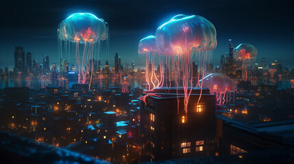 Obraz na płótnie Canvas Futuristic cyberpunk cityscape haunted by alien creatures, Generative AI