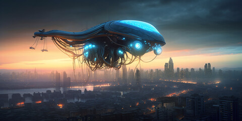Naklejka na ściany i meble Futuristic cyberpunk cityscape haunted by alien creatures, Generative AI