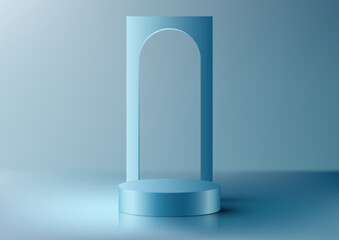 3D realistic modern style blue cylinder podium stand with door backdrop product display minimal wall scene blue background