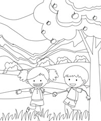 Boy, girl kids walk, run, pick flowers, catch butterflies with butterfly net on abeautiful summer lawn. Happy children cartoon characters enjoying countryside nature outdoors. Flat vector illustration