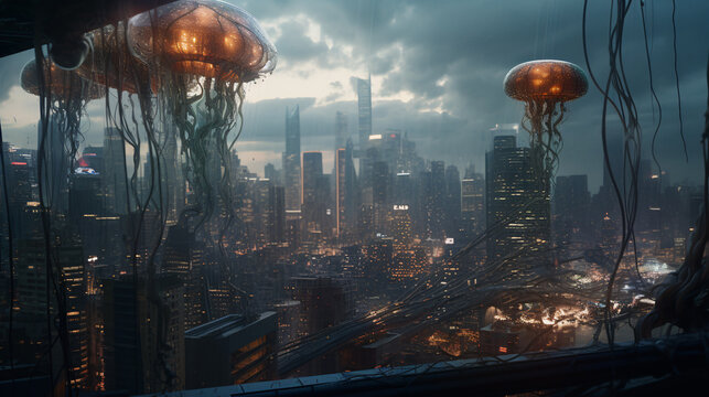 Futuristic cyberpunk cityscape haunted by alien creatures, Generative AI