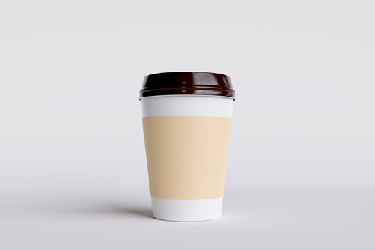 Blank white coffee mug with lid on white background for coffee branding design, tea branding, drinks or coffee menu creation. 3D rendering