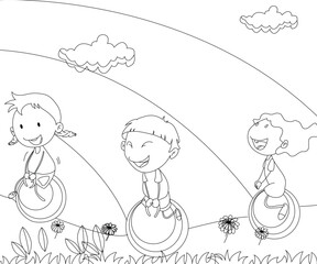 vector illustration of the cute children play to catch the butterfly in the yard.