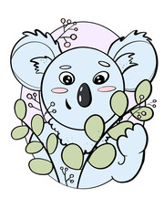 color illustration cartoon childish style animal koala cute character with eucalyptus design element cover postcard coloring book