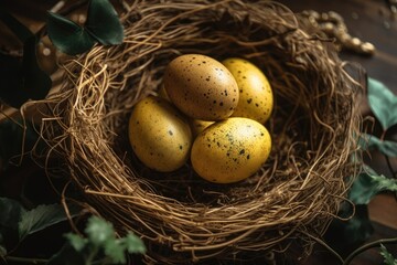 Naklejka na ściany i meble birds nest with eggs placed on a wooden table. Generative AI