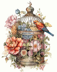bird in cage with flowers