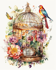 bird in cage with flowers