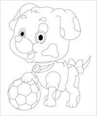 Dog playing football Cartoon illustration. Funny and cute Puppy and soccer ball coloring page for kids. Cartoon illustration Vector flat style